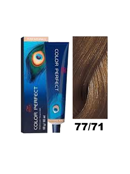 Tinte de color Wella Color Perfect en tono 77.71, envase con coloración para cabello de alta calidad.