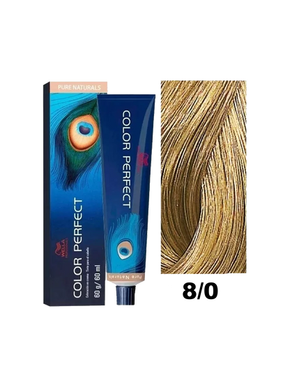 Tinte Wella Color Perfect 8.0 en tubo, mostrando el color rubio claro y su envase.