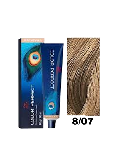 Tinte Color Perfect Wella en tono 8.07, color rubio claro ceniza, crema para teñir cabello rubio con acabado natural.