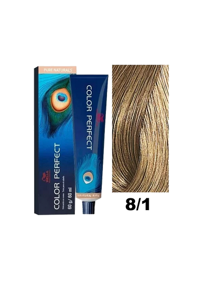 Tinte Wella Color Perfect en tono 8.1, color rubio claro con reflejos naturales, en envase con etiqueta visible.