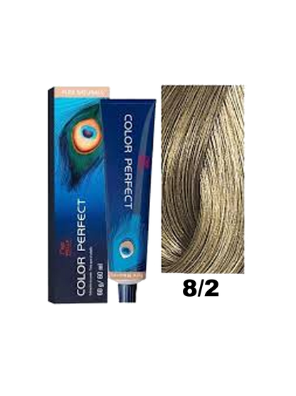 Tinte Wella Color Perfect 8.2 rubio claro con tonos dorados, tono de cabello visible en la imagen.