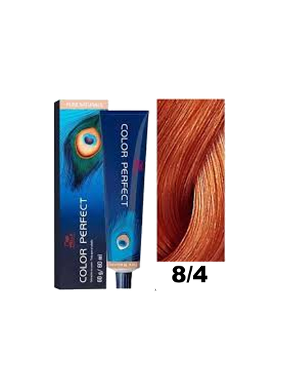 Tinte Wella Color Perfect 8.4 en tubo, muestra el color rubio claro con reflejos dorados para cabello.