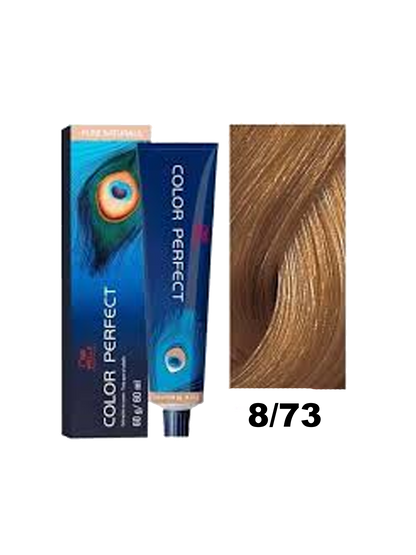 Tinte color Perfect Wella en tono 8.73, caja con frasco y empaque, cabello teñido en color rubio claro dorado