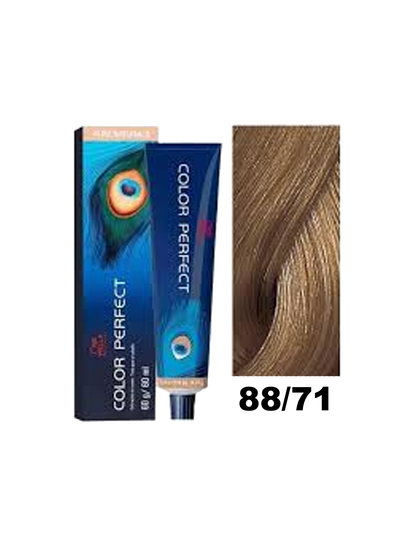 Tinte de cabello Wella Color Perfect en tono 88.71, color rubio dorado, en botella con tapa negra y etiqueta.