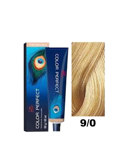 Tinte Wella Color Perfect tono 9.0, cobertura uniforme y color brillante en una caja de tintura para cabello.