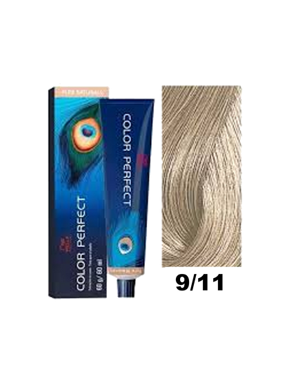 Tinte Wella Color Perfect en tono 9.11 muestra el color rubio ceniza con acabado natural y brillante en el frasco.