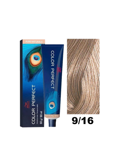 Tinte Color Perfect Wella en tono 9.16, color rubio ceniza claro en botella con tapa, para cabello coloración profesional