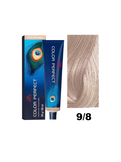 Tinte Wella Color Perfect en tono 9.8, color rubio dorado, con envase y tubo de tintura visible.