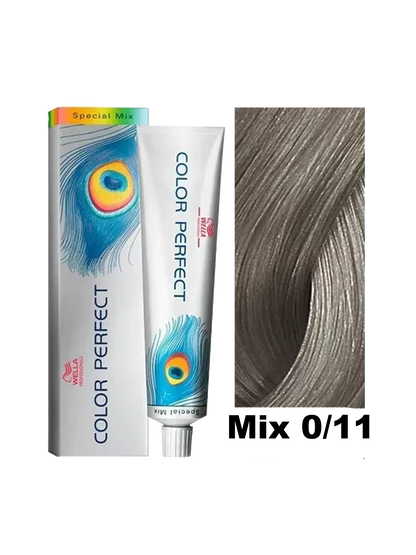 Tinte Color Perfect Wella en mezcla con tono 0.11, envase con coloración para cabello en imagen.
