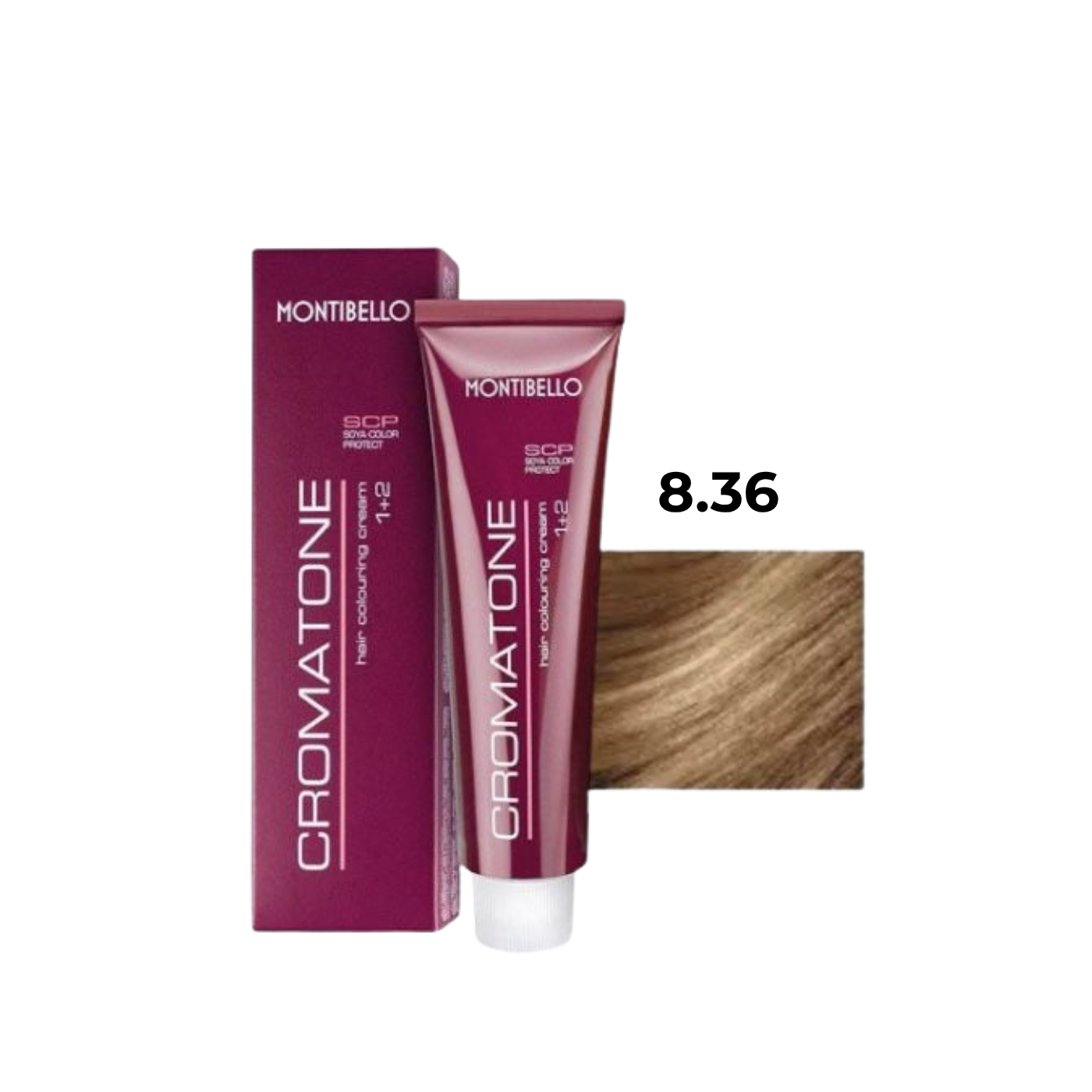 Tinte Cromatone 8.36 en tubo, color rubio claro con reflejos dorados, para cabello.