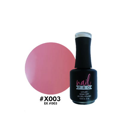 Esmalte Nail Pro X001-X083 en frasco con color rosa suave y tapa plateada, mostrando el producto de esmalte para uñas.