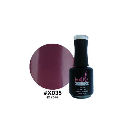 Esmalte Nail Pro X001-X083 en botella con color brillante, mostrando el acabado y la marca Nail Pro en la etiqueta.