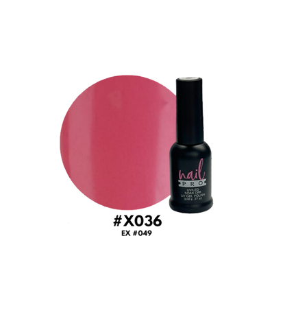 Esmalte Nail Pro X001-X083 en frasco, muestra color brillante y acabado liso, ideal para uñas.