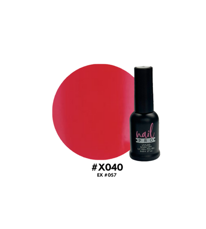 Esmalte Nail Pro X001-X083 en botella, color vibrante, con acabado brillante, muestra la variedad de tonos de la marca Nail Pro.