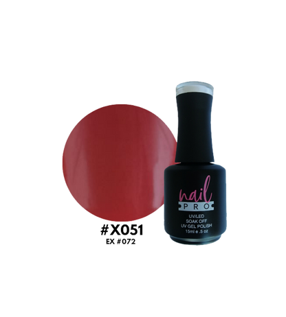 Esmalte Nail Pro X001-X083 en botella, con acabado brillante y color vibrante, para uñas elegantes y duraderas.
