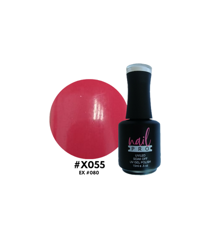 Esmalte Nail Pro X001-X083 de color rosa brillante en frasco con tapa plateada, para manicura y cuidado de uñas.