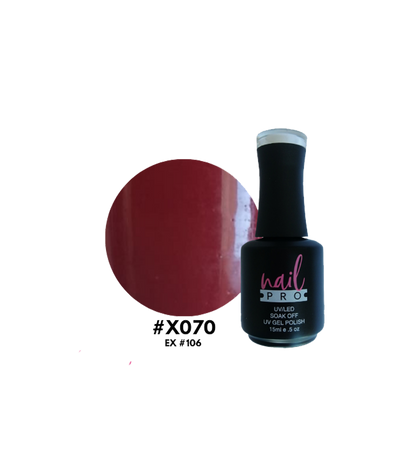 Esmalte Nail Pro X001-X083 en frasco, con acabado brillante y color vibrante, exhibido sobre fondo neutro.