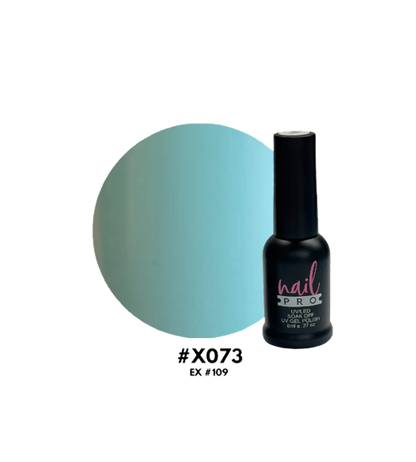 Esmalte Nail Pro X001 a X083 en frascos con colores variados, muestra la gama de esmaltes de la marca Nail Pro