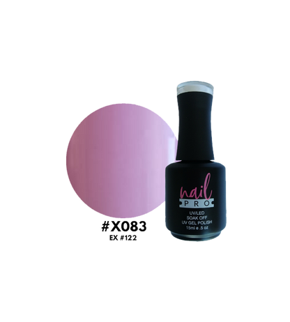 Esmalte Nail Pro X083 de color azul brillante en frasco con etiqueta, esmalte de uñas de marca Nail Pro para manicura.