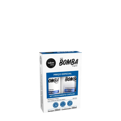 Kit de shampoo y acondicionador Salon Line Bomba de Crecimiento con botellas y etiquetas visibles, para fortalecer y hacer crecer el cabello.