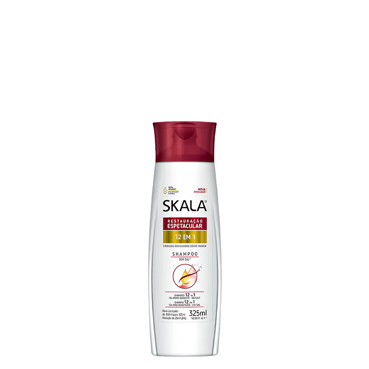 Champú restauración espectacular 12 en 1 de SKALA Expert en botella de 325 ml, con fórmula para cabello dañado y fuerte.