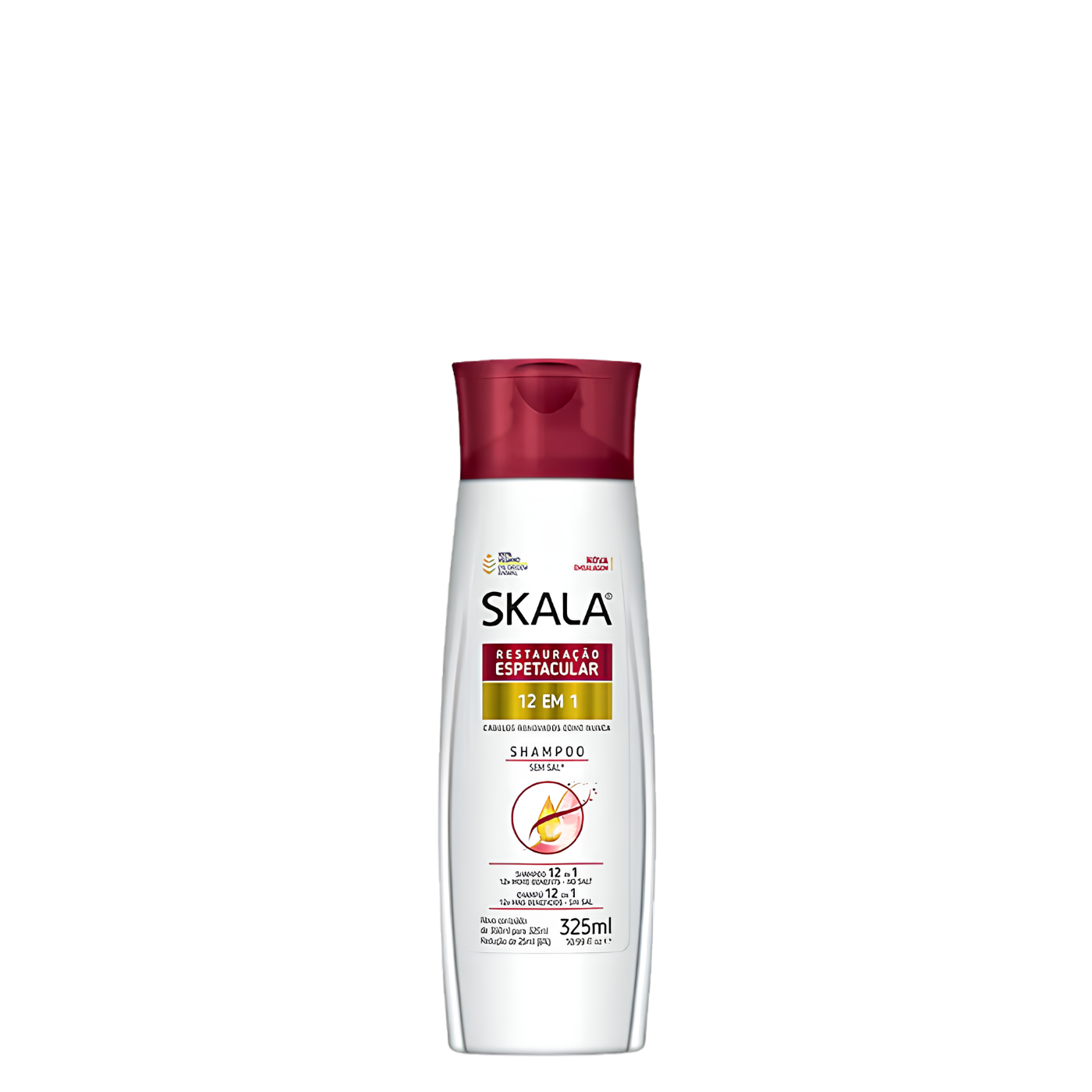 Champú restauración espectacular 12 en 1 de SKALA Expert en botella de 325 ml, con fórmula para cabello dañado y fuerte.