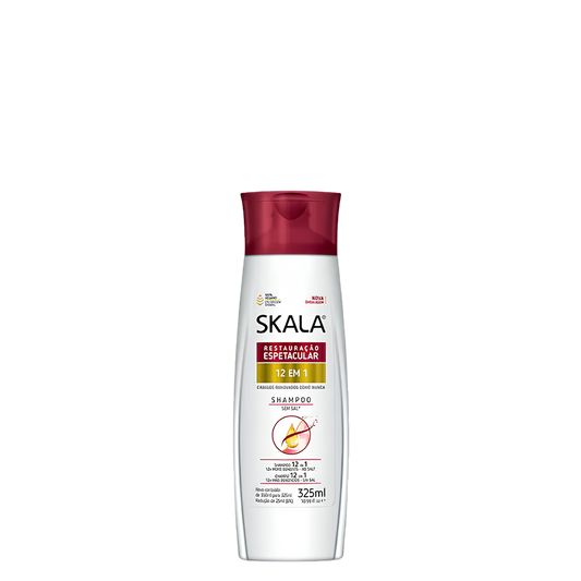 Champú restauración espectacular 12 en 1 de SKALA Expert en botella de 325 ml, con fórmula para cabello dañado y fuerte.