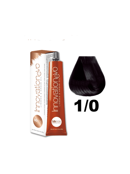 Tinte BBCOS Innovation BBcos en caja, con envase y frascos de tintura para cabello, color y cuidado capilar.