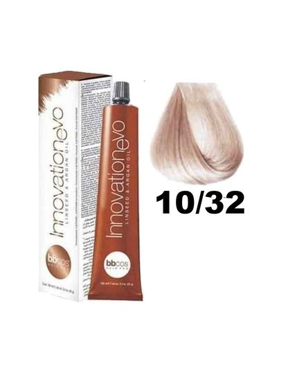 Tinte Innovation BBcos de la marca BBCOS en botella con envase colorido, muestra la textura y color del producto para cabello.