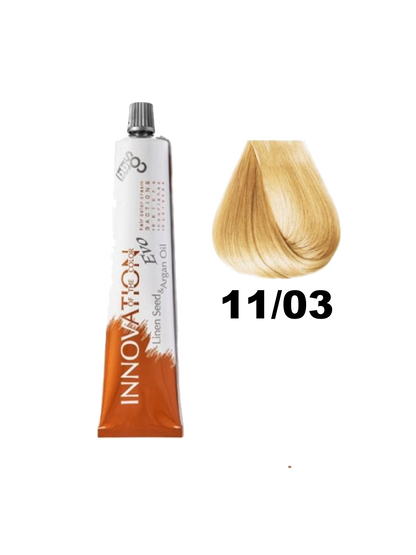 Tinción BBCOS Innovation BBcos en tubo con colorante para cabello, muestra la textura y tono del producto de tintura capilar.