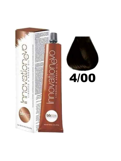 Tinte Innovation BBcos en tubo, color 4.00, con fórmula de alta calidad para cabello, en envase de color negro y blanco.