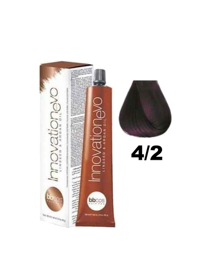 Tinte BBCOS Innovation BBcos en caja con frascos y guantes para coloración capilar.
