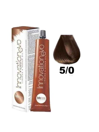 Tinte Innovation BBcos en tubo con fórmula innovadora para coloración capilar, mostrado en envase con logo de BBCOS.