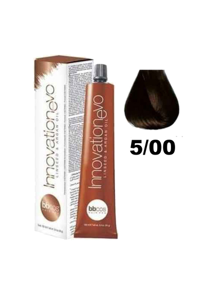 Tinte BBCOS Innovation BBcos en tubo, muestra el color rubio claro 5.00 con textura cremosa y acabado uniforme.