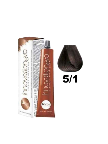 Tinte BBCOS Innovation BBcos en caja con tonos de color variados, muestra la textura y presentación del producto para cabello.