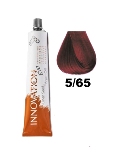 Tinte Innovation BBcos de la marca BBCOS en tubo, muestra el color 5.65 para cabello con textura saludable.