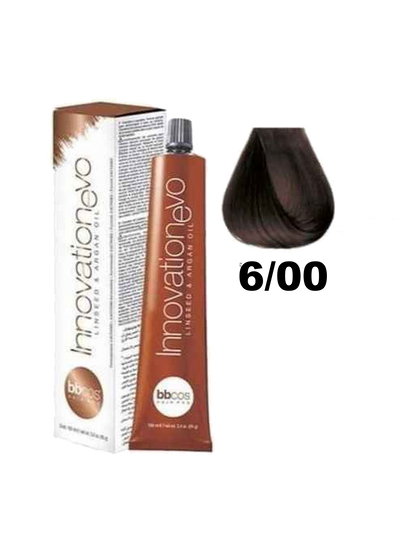 Tinte BBCOS Innovation BBcos de color 6.00 en una botella con etiqueta blanca y azul, muestra la textura del producto para cabello.