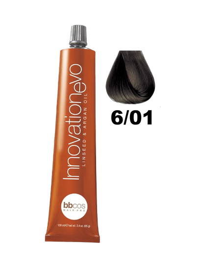 Tinte Innovation BBcos en color 6.01, muestra el tono rubio oscuro con acabado natural, en envase de la marca BBCOS