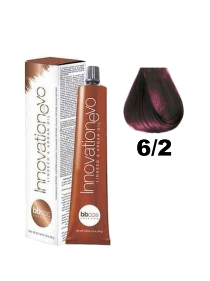 Tinte de cabello Innovation BBcos de la marca BBCOS en caja con tonos y instrucciones visibles.