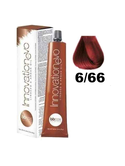 Tinte Innovation BBcos en caja con tubos y brocha, color 6.66, para teñir el cabello de manera profesional.