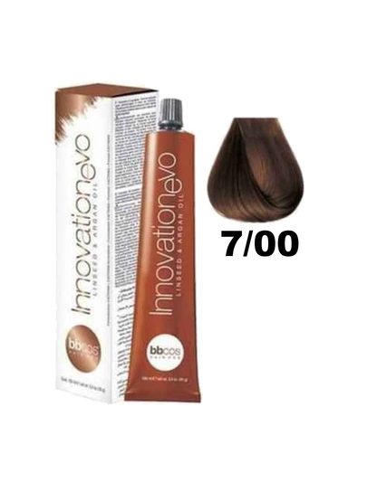Tinte BBCOS Innovation BBcos en tubo con coloración dorada 7.00 para cabello natural y brillante.