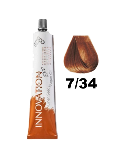 Tinte BBCOS Innovation BBcos en tubo con tono 7.34, color rubio dorado, mostrado en envase.