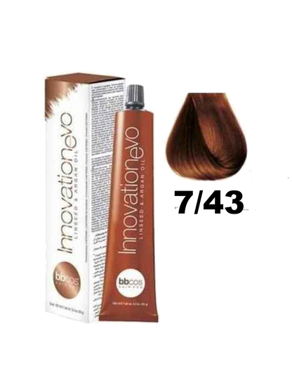Tintura BBCOS Innovation BBcos, coloración para cabello en tono rubio con acabado natural y brillante, en envase de 7.43.