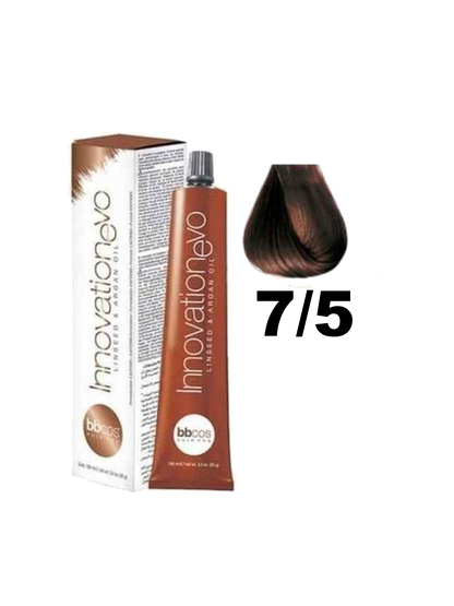 Tinte Innovation BBcos en tubo, color 7.5, con envase y aplicador visible, ideal para cabello con cobertura y brillo.
