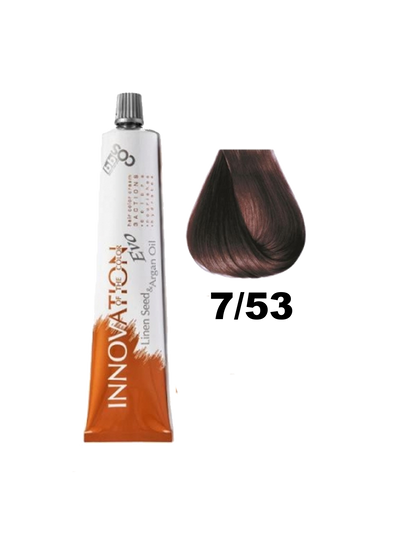 Tinta BBCOS Innovation BBcos en bote, muestra el color rubio claro 7.53, con envase y etiqueta visible.