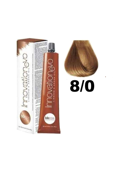 Tinte BBCOS Innovation BBcos en color 8.0, muestra el tono rubio dorado en el frasco de tintura para cabello
