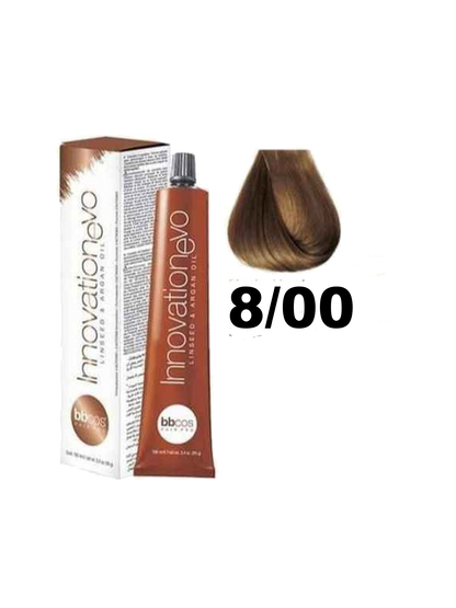 Tinte BBCOS Innovation BBcos en tubo con coloración negra para cabello, vista cercana del envase y la textura del producto