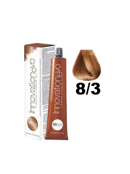 Tinte BBCOS Innovation BBcos de color 8.3 en tubo con textura cremosa y aplicador, ideal para coloración capilar.